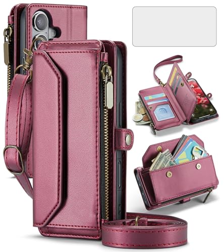 Asuwish Schutzhülle für iPhone 16, 15,5 cm (6,1 Zoll), Reißverschluss, Brieftaschenhülle mit gehärtetem Glas, Displayschutzfolie und RFID-blockierendem Kartenhalter, Ständer, Handyzubehör, für Damen von Asuwish
