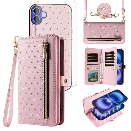 Asuwish Schutzhülle für iPhone 16, 15,5 cm (6,1 Zoll), Reißverschluss, abnehmbare Handyhülle, mit Displayschutzfolie aus gehärtetem Glas, Crossbody-Gurt, glitzernd, Flip-Kreditkartenhalter, iPhone 16 von Asuwish