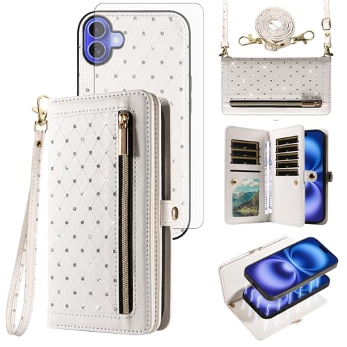 Asuwish Schutzhülle für iPhone 16, 15,5 cm (6,1 Zoll), Reißverschluss, abnehmbare Handyhülle, mit Displayschutzfolie aus gehärtetem Glas, Crossbody-Riemen, glitzernd, Kreditkartenhalter, für Damen und von Asuwish