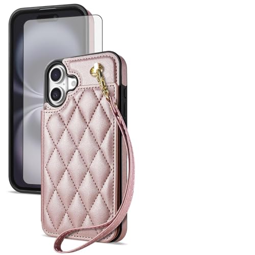 Asuwish Schutzhülle für iPhone 16 Plus, 17 cm (6,7 Zoll), Brieftaschen-Schutzhülle mit gehärtetem Glas, Displayschutzfolie und Handschlaufe, Kreditkartenhalter, Ständer, Handy-Zubehör, iPhone 16, 16+ von Asuwish