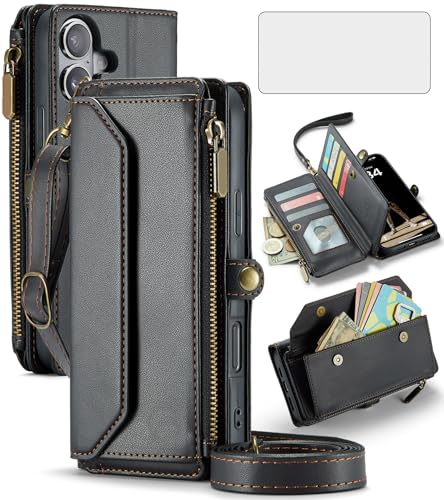 Asuwish Schutzhülle für iPhone 16 Plus, 17 cm (6,7 Zoll), Reißverschluss, Brieftaschen-Schutzhülle mit gehärtetem Glas, Displayschutzfolie und RFID-blockierendem Kreditkartenhalter, für iPhone 16, 16+ von Asuwish