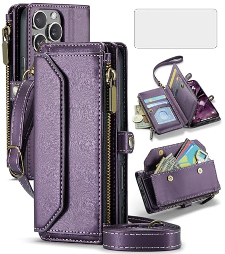 Asuwish Schutzhülle für iPhone 16 Pro, 16 cm (6,3 Zoll), Reißverschluss, Brieftaschen-Schutzhülle mit gehärtetem Glas, Displayschutzfolie und Leder-Flip, RFID-blockierend, Kreditkartenfach, für Damen von Asuwish
