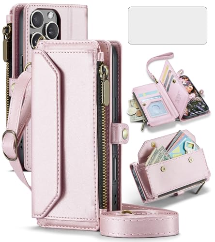 Asuwish Schutzhülle für iPhone 16 Pro, 16 cm (6,3 Zoll), Reißverschluss, Brieftaschen-Schutzhülle mit gehärtetem Glas, Displayschutzfolie und Lederklappe, RFID-blockierend, Kreditkartenhalter, für von Asuwish