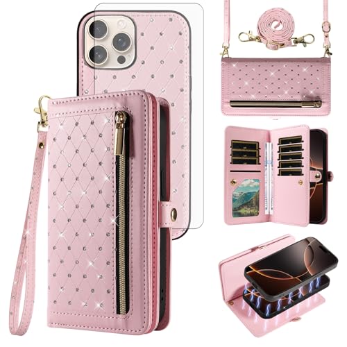 Asuwish Schutzhülle für iPhone 16 Pro, mit Reißverschluss, abnehmbare magnetische Handyhülle, mit Displayschutzfolie aus gehärtetem Glas, Crossbody-Gurt, glitzernd, Flip-Kreditkartenhalter, iPhone 16 Asuwish Schutzhülle für iPhone 16 Pro, mit Reißverschluss, abnehmbare magnetische Handyhülle, mit Displayschutzfolie aus gehärtetem Glas, Crossbody-Gurt, glitzernd, Flip-Kreditkartenhalter, iPhone 16 von Asuwish