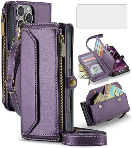 Asuwish Schutzhülle für iPhone 16 Pro Max 17,5 cm (6,9 Zoll), Reißverschluss, Brieftaschen-Schutzhülle mit gehärtetem Glas, Displayschutzfolie und RFID-blockierendem Kartenhalter, für iPhone 16, 16Pro von Asuwish