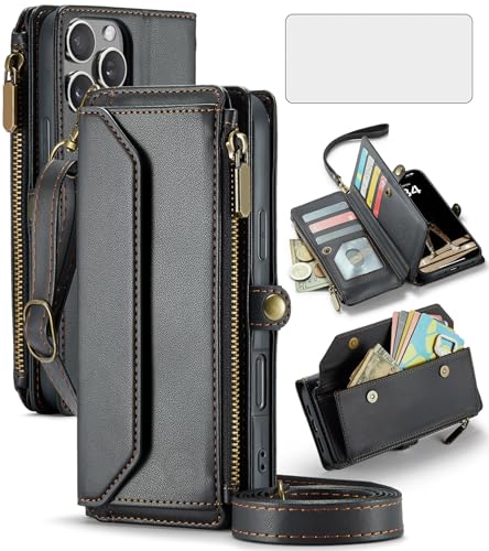 Asuwish Schutzhülle für iPhone 16 Pro Max 17,5 cm (6,9 Zoll), Reißverschluss, Brieftaschen-Schutzhülle mit gehärtetem Glas, Displayschutzfolie und RFID-blockierendem Kartenhalter, für iPhone 16, 16Pro von Asuwish