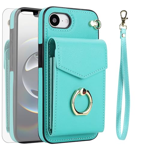 Asuwish Schutzhülle für iPhone 16e/SE 2025/SE 4, Brieftaschen-Schutzhülle mit gehärtetem Glas, Displayschutzfolie und RFID-blockierendem Ring, Kartenhalter, für Damen und Herren, Blaugrün Asuwish Schutzhülle für iPhone 16e/SE 2025/SE 4, Brieftaschen-Schutzhülle mit gehärtetem Glas, Displayschutzfolie und RFID-blockierendem Ring, Kartenhalter, für Damen und Herren, Blaugrün von Asuwish
