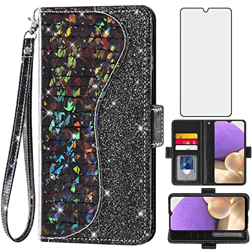 Handyhülle für Samsung Galaxy A32 5G 2021 6,5 Zoll Wallet Cover mit Displayschutzfolie und Flip Card Holder Bling Glitter Cell Gaxaly M32 G5 Galaxies A 32 32A S32 SMA326U A326U Frauen Mädchen S von Asuwish