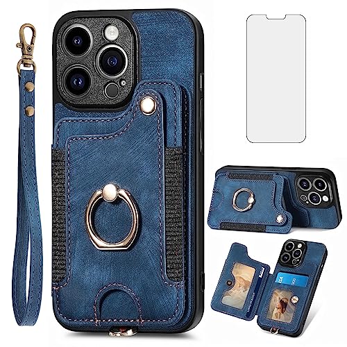 Handyhülle für iPhone 13 Pro Max Hülle mit Glas Folie Schutzfolie Magnetisch Ring Ständer Kartenfach Klappbar Leder Geldbörse iPhone13ProMaxHülle i Phone13Hülle ProMax 13Pro MaxHülle Hüllen Case Blau von Asuwish