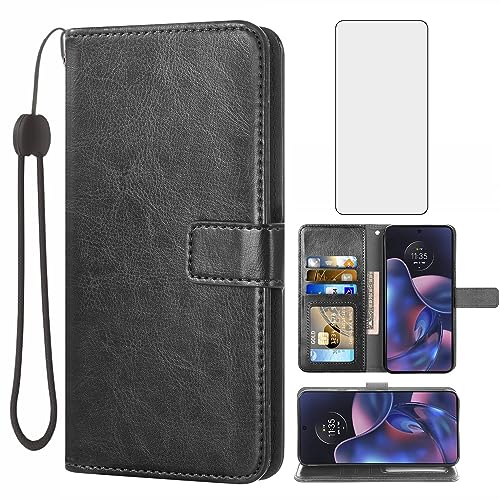 Kompatibel mit Motorola Moto Edge 2022/MotoEdge 5G UW 2022 Wallet Case Tempered Glass Screen Protector Card Holder Stand Cell Accessories Phone Cases for Gen 3 XT2205-1 XT2205-2 6.6 Women Men Black von Asuwish