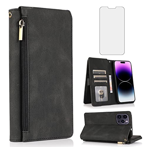 Kompatibel mit iPhone 14 Pro 6,1 Zoll Wallet Case Tempered Glass Screen Protector and Zipper Leather Flip Cover Card Holder Stand Cell for iPhone 14Pro 5G i i-Phone i14 iPhone 14 14Pro Women Men Black Kompatibel mit iPhone 14 Pro 6,1 Zoll Wallet Case Tempered Glass Screen Protector and Zipper Leather Flip Cover Card Holder Stand Cell for iPhone 14Pro 5G i i-Phone i14 iPhone 14 14Pro Women Men Black von Asuwish