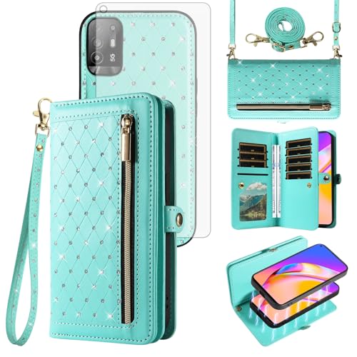 Schutzhülle für OPPO A94 5G/A95 5G/Reno 5Z/F19 Pro+ mit Reißverschluss, abnehmbare Handyhülle und Displayschutzfolie, Umhängeband, glitzernd, Kreditkartenfächer, Reno5 Z, für Damen, Blaugrün von Asuwish