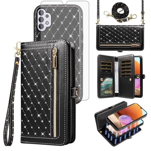 Schutzhülle für Samsung Galaxy A32 4G 16,3 cm (6,4 Zoll), Reißverschluss, abnehmbare magnetische Handyhülle, Displayschutzfolie, Umhängeband, Kreditkartenfächer, A 32, 32A, S32, G4, SM-A325M/DS, Damen von Asuwish