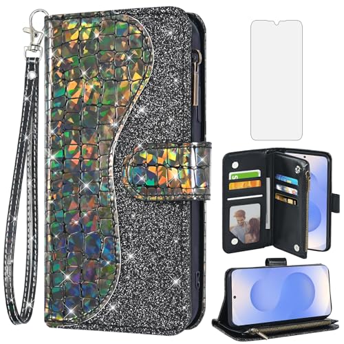 Schutzhülle für Samsung Galaxy S25 Edge 5G, Brieftaschen-Schutzhülle mit Displayschutzfolie und Handschlaufe, Glitzer, Leder, Klapp-Reißverschluss, Kreditkartenhalter, Ständer, Handy S25Edge 25, 25 von Asuwish