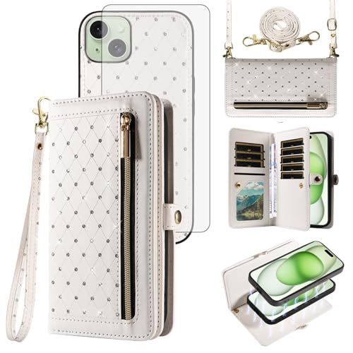 Schutzhülle für iPhone 15 Plus, 17 cm (6,7 Zoll), Reißverschluss, abnehmbar, magnetisch, mit Displayschutzfolie, Umhängeband, glitzernd, Kartenfächern, für iPhone 15, 15+, i15 + 15 Plus, Damen, Weiß von Asuwish