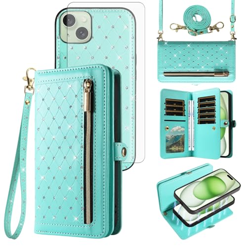 Schutzhülle für iPhone 15 Plus, 17 cm (6,7 Zoll), Reißverschluss, abnehmbar, magnetisch, mit Displayschutzfolie, Umhängeband, glitzernd, Kartenfächern, für iPhone 15, 15+, i15 + 15 Plus, Damen von Asuwish