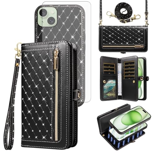 Schutzhülle für iPhone 15 Plus, 17 cm (6,7 Zoll), Reißverschluss, abnehmbar, magnetisch, mit Displayschutzfolie, Umhängeband, glitzernd, Kartenfächern, für iPhone 15, 15+, i15 + 15 Plus, Damen von Asuwish