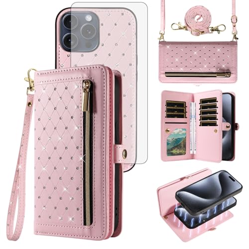 Schutzhülle für iPhone 15 Pro, 15,5 cm (6,1 Zoll), Reißverschluss, abnehmbare Handy-Schutzhülle mit Displayschutzfolie, Umhängeband, glitzernd, Klappetui, Kreditkartenfächer, für iPhone 15, i15 von Asuwish