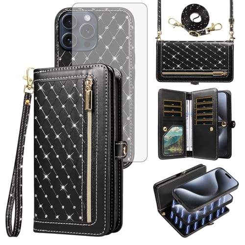 Schutzhülle für iPhone 15 Pro, 15,5 cm (6,1 Zoll), Reißverschluss, abnehmbare Handy-Schutzhülle mit Displayschutzfolie, Umhängeband, glitzernd, Klappetui, Kreditkartenfächer, für iPhone 15, i15 von Asuwish