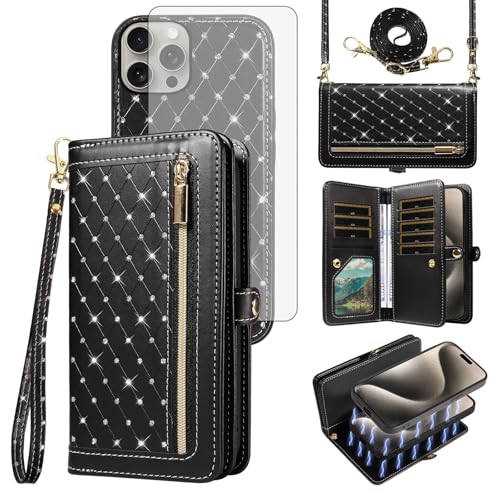 Schutzhülle für iPhone 15 Pro Max 17 cm (6,7 Zoll), Reißverschluss, abnehmbare Handyhülle, mit Displayschutzfolie, Umhängeband, Kreditkartenfächer, iPhone 15, 15Pro, i15, ProMax 15ProMax, Schwarz von Asuwish