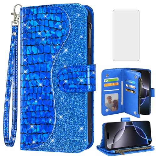 Schutzhülle für iPhone 16 Pro Max 17,5 cm (6,9 Zoll), Brieftaschen-Schutzhülle mit Displayschutzfolie und Handschlaufe, Glitzer, Leder, Klapp-Reißverschluss, Kartenhalter, Handyhülle, iPhone 16, 16Pro von Asuwish