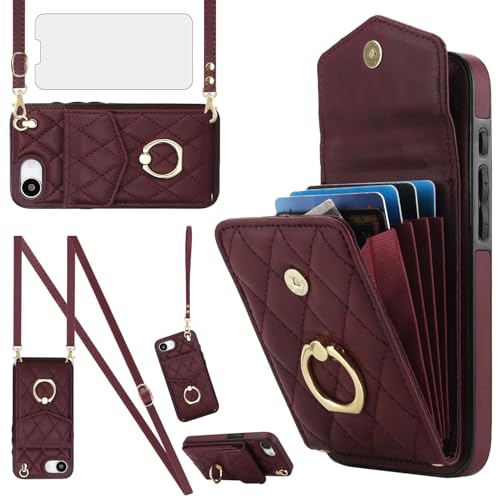 Schutzhülle für iPhone 16e/SE 2025/SE 4, Brieftaschen-Schutzhülle mit gehärtetem Glas, Displayschutzfolie und Ring, RFID-blockierendem Kartenhalter, für Damen und Mädchen, Weinrot Schutzhülle für iPhone 16e/SE 2025/SE 4, Brieftaschen-Schutzhülle mit gehärtetem Glas, Displayschutzfolie und Ring, RFID-blockierendem Kartenhalter, für Damen und Mädchen, Weinrot von Asuwish