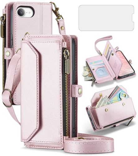 Schutzhülle für iPhone 16e/SE 2025/SE 4, Reißverschluss, Brieftaschenhülle mit gehärtetem Glas, Displayschutzfolie und RFID-blockierendem Kartenhalter, für Damen, Roségold von Asuwish