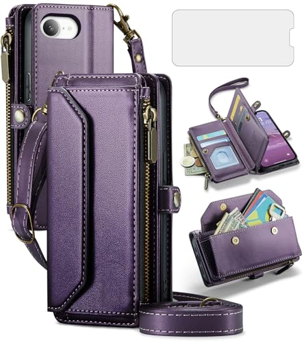 Schutzhülle für iPhone 16e/SE 2025/SE 4, Reißverschluss, Brieftaschenhülle mit gehärtetem Glas, Displayschutzfolie und RFID-blockierendem Kartenhalter, für Damen und Herren, Violett von Asuwish