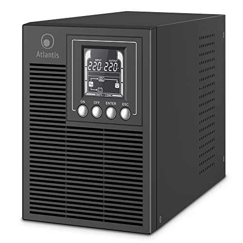 Atlantis A03-OP1002 USV OnLine USV-Server Doppelwandler Reine Sinuswelle 1000VA 900W, Tower, LCD-Display, USB, RS-232 seriell, 4 IEC-Ausgänge, EPO-Port, SNMP-Steckplatz, 2x12V-9Ah von Atlantis