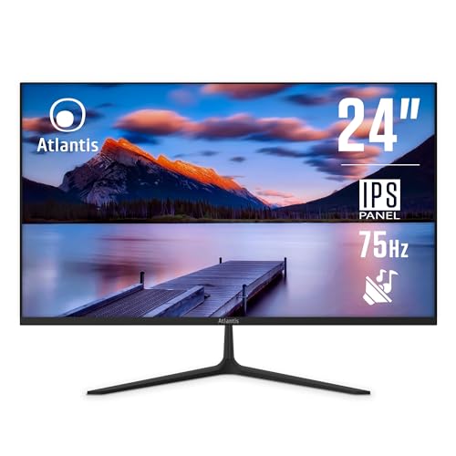 Atlantis Monitor 24 Zoll, 24" IPS 75Hz Bildschirm, Full HD 1920x1080, VGA HDMI DP, MULTIMEDIAL, FreeSync, Audio/Headset Ausgang, Tilt,5ms Reaktionszeit, Kontrast 1000:1, 178/178 Winkel,HDMI Kabel 1.5m von Atlantis