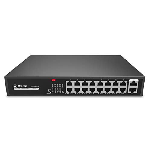 Atlantis Switch 18 Ports 10/100Mbps 16 Ports bis zu 200W, jeder Port bis zu 30W, Desktop und Rack, Interner Alimeter, Metallgehäuse, A02-G18P16-200W, Extended-Funktion, bis zu 250m, Mode A von Atlantis