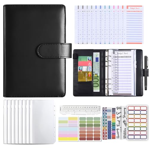Budget Binder A6,Finanzplaner,Budget Planner,mit 8 Transparenten Reißverschlusstaschen und 12 Budgetblättern,Geeignet für die Aufbewahrung von Bargeld,Tickets,Briefmarken,etc(schwarz) von Atliberswo