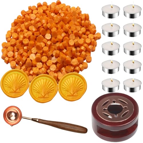 Wachs Siegel Perlen, Atopbb 300pcs Perle Weiß WachsSiegel Perlen, 1pcs Holz WachsSiegel Wärmer, 1pcs geschmolzener Löffel und 10pcs Teekerzen für Wachs Siegel Stempel Kit (Orange Gelb) von Atopbb