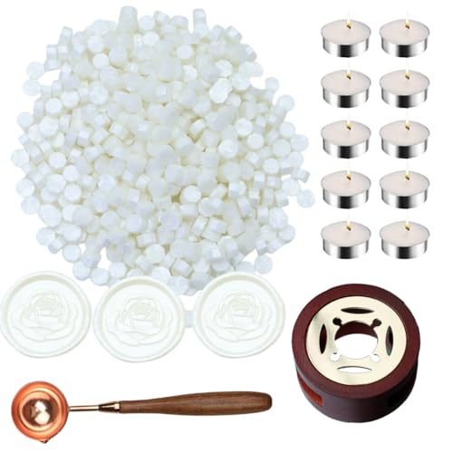 Wachs Siegel Perlen, Atopbb 300pcs Perle Weiß WachsSiegel Perlen, 1pcs Holz WachsSiegel Wärmer, 1pcs geschmolzener Löffel und 10pcs Teekerzen für Wachs Siegel Stempel Kit (Perle Weiße) von Atopbb