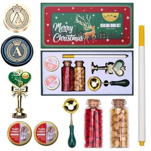 eihnachten Wachs Siegel Stempel Kit, Atopbb Brief A Siegel Wachs SiegelKit mit Weihnachtsgeschenkbox, Weihnachten WachsSiegel Set mit 2 Flasche WachsSiegel Perlen, Wachs Löffel Stift (A) von Atopbb