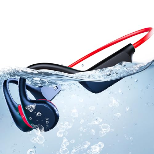 IPX8 Wasserdichte Knochenschall Kopfhörer Schwimmen, Unterwasser Schwimmkopfhörer Knochenschall Bluetooth 5.3 Mit 32GB MP3 Player Schwimmen Surfen schwimmkopfhörer zum schwimmen (Schwarz rot) von Atopskins