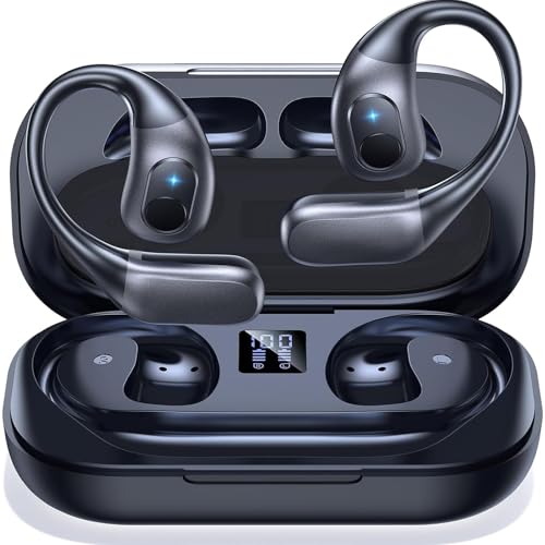 Atopskins Echte drahtlose Bluetooth-Kopfhörer mit Ohrbügel Offener Kopfhörer 6H Schweißfest Over Ear Kopfhörer Sport-Ohrhörer mit Mikrofon 500mAh Leistungsstarke Digitalanzeige Ladekoffer zum Laufen von Atopskins