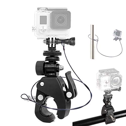 Rohrstangenklemme Lenkerhalterung mit Edelstahl-Sicherheitsleine für GoPro Hero 8 7 6 5 4 3+ Session-Action-Kamera, Jagdkamera, DJI OSMO-Action, LCD-Monitor, DSLR-Kameras, DV, Angelrute von Atoptek
