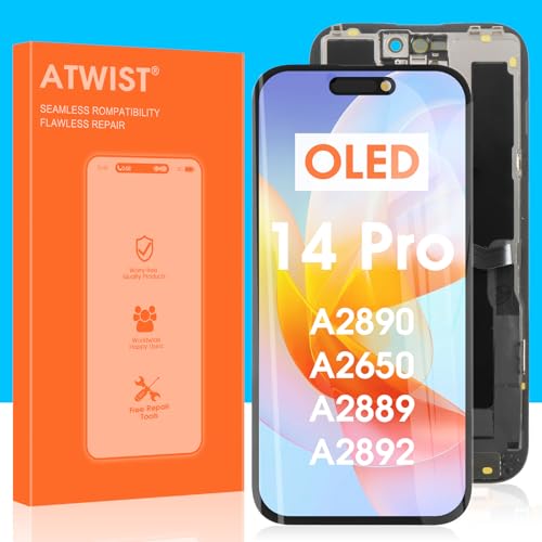 OLED für iPhone 14 Pro LCD Display, Bildschirm LCD für iPhone 14 Pro Touch Screen Digitalisierer für iPhone 14Pro 6.1’’ LCD Touchscreen Montage Bildschirm Ersatz Kits, A2890 A2650 A2889 A2892 von Atwist