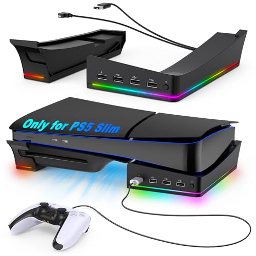 Auarte 2023 RGB Horizontal Ständer für PS5 Slim Konsole Zubehör mit 14 Lichtmodus und 4 USB Hubs, Seitenständer für Playstation 5 Slim Disc & Digital, Basishalterung mit Schnellladung, Carbon Schwarz von Auarte
