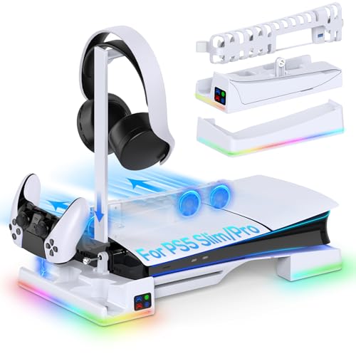 Auarte RGB Horizontaler Ständer für PS5 Slim/Pro mit Lüfter, PS5 Slim/Pro Standfuß mit 2 Controller Ladestation, 1 USB 3.0 port, Automatisch Lüfter für PlayStation 5 Slim/Pro Konsole Disc & Digital von Auarte