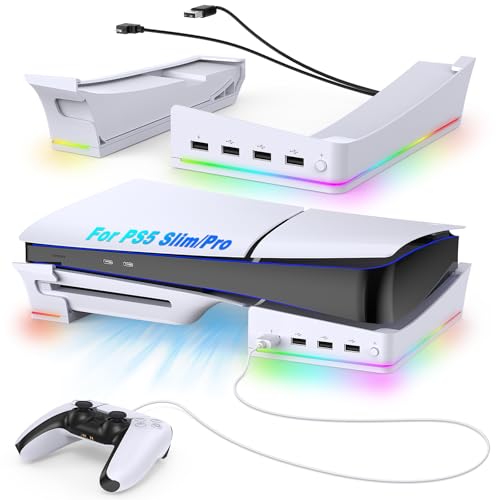 Auarte RGB Horizontaler Ständer für PS5 Slim Konsole mit 14 Lichteffekte, Halterung Standfuß Zubehör für Playstation 5 Slim Disc & Digital mit 4 Extra USB Hubs (1 Schnell Ladeport & 3 USB 2.0 Port) von Auarte