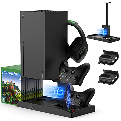 Auarte 5 in 1 Vertikaler Kühlständer für Xbox Series X Zubehör mit Controller Ladestation und Lüfterkühler, Headset Halterung und Spiele Aufbewahrung für Xbox Series X Konsole (2stk 1400mAh Akkus) von Auarte