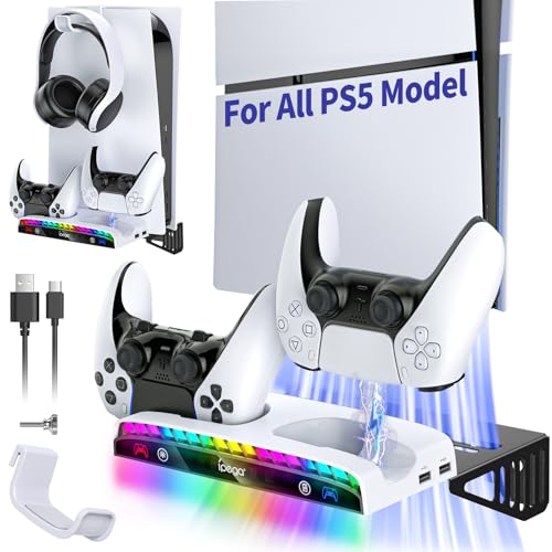 Auarte Playstation 5 Pro/Slim/Original Wandhalterung, PS5 Controller Ladestation mit Headset Halterung, PS5 Pro Slim Standfuß mit RGB-Licht, Playstation 5 Standfuß mit 3 USB-Ports für PS5 Zubehör von Auarte
