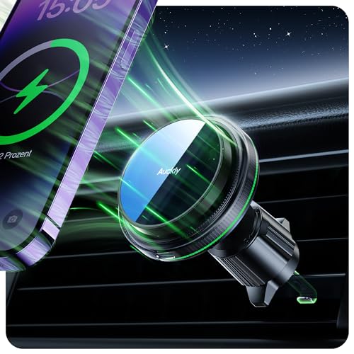 Auckly 15W Autohalterung mit Ladefunktion,【Lüfter Schnellladen】 Qi Wireless Car Charger KfZ Magnet Handyhalterung für iPhone 15 14 13 12 11 Pro Max Mini Plus【Grünes Licht+ Haken】[A29-Green] von Auckly