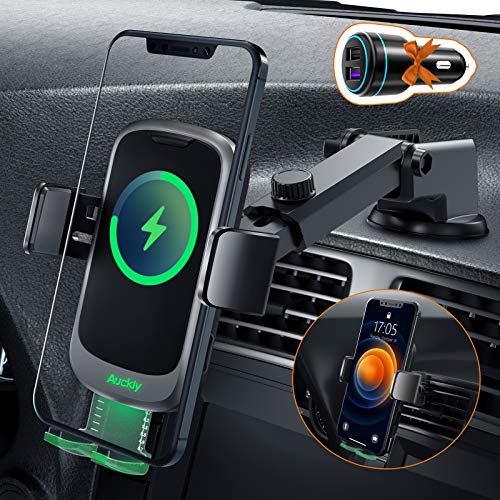 Auckly 15W Handyhalterung Auto mit Ladefunktion, 【Automatische Klemmung】 Fast Qi Wireless Car Charger Induktive Ladestation Kfz Lüftung+ Saugnapf+ 36W QC3.0 für iPhone 12/13/14/15 Pro Max Plus Mini von Auckly