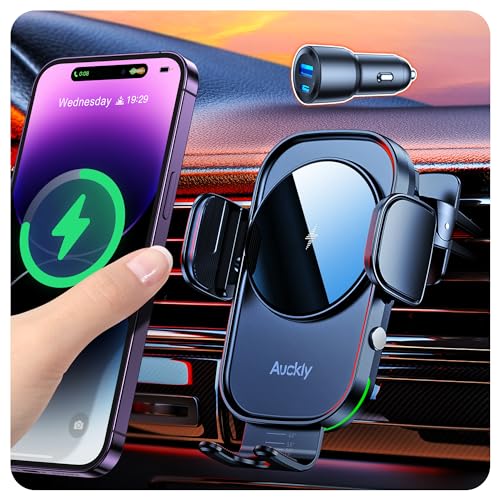 Auckly Handyhalterung Auto mit Ladefunktion, 【+60W PD+QC Autoladegerät】Qi 15W Fast Wireless Charger Auto Induktives Automatischer für iPhone 12/13/14/15 Pro Max Mini Plus & Samsung Galazy S23/S22 etc von Auckly