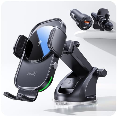Auckly Handyhalterung Auto mit Ladefunktion, 【mit 48W-Steckdose&Sauger&Clip】 Qi 15W Fast Wireless Charger Auto Laden Automatischer Induktion Ladegerät Car für iPhone 12 13 14 15 16 Pro Max Mini Plus von Auckly
