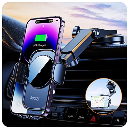 Auckly Handyhalterung Auto mit Ladefunktion, 【Smart Sense】 Qi 15W Fast Wireless Charger Auto Induktives Laden Induktion Kfz Ladegerät für iPhone 12 13 14 15 16 Pro Max Mini Plus (Schwarz) von Auckly