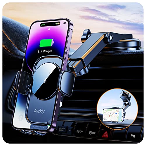 Auckly Handyhalterung Auto mit Ladefunktion, 【Smart Sense】 Qi 15W Fast Wireless Charger Auto Induktives Laden Induktion Kfz Ladegerät für iPhone 12 13 14 15 Pro Max Mini Plus (Schwarz) von Auckly